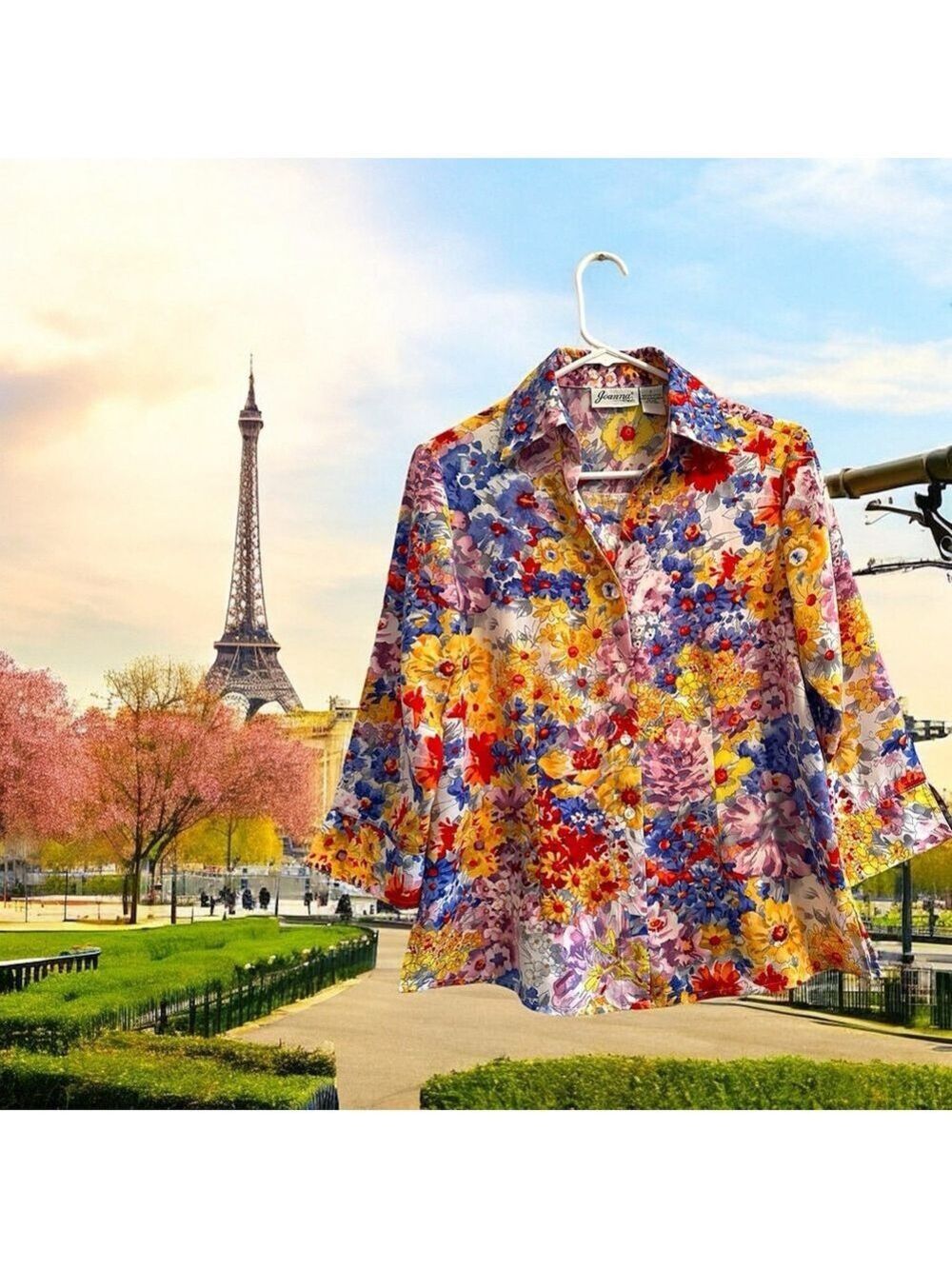 Joanna Vibrant Floral Button Blouse Womens Small Multicolor 3/4 Sleeves Summer